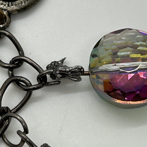 Aurora Borealis Crystal Charm Bracelet W/ Cameo Pendant Antique Black Chain Desi - Picture 8 of 16